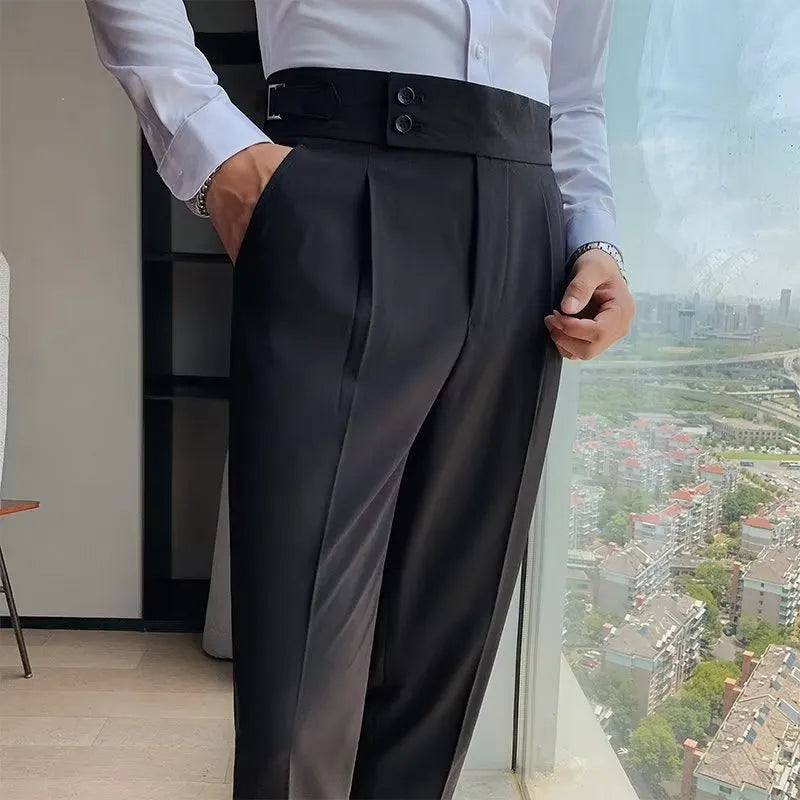 Autumn retro high waist straight casual trousers in black, cotton blend fabric, women's straight leg pants