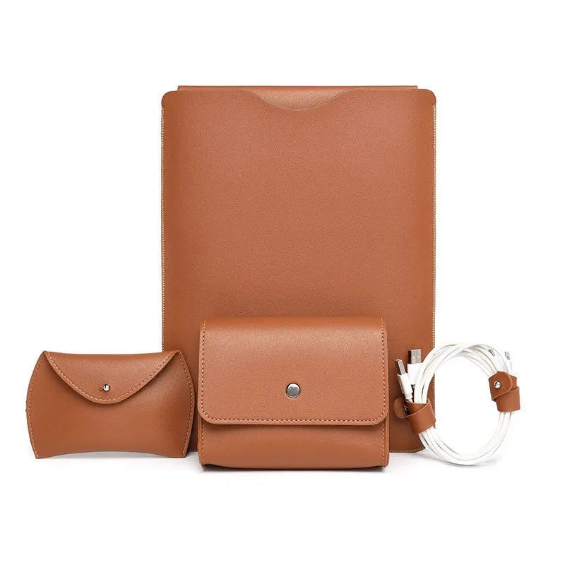Four-piece set of leather laptop edge protectors in apricot, brown, gray and light pink colours