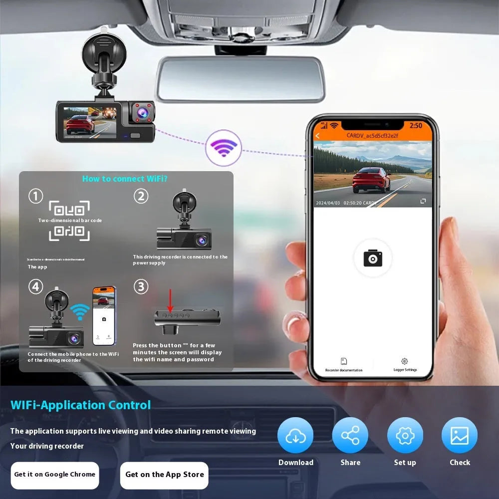 Car dash cam with 2.0-inch screen showing WiFi connectivity and reversing camera function