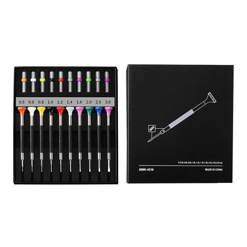 Watch repair tool set with precision manual screwdriver and multiple interchangeable heads including coarse mesh octagonal and round options