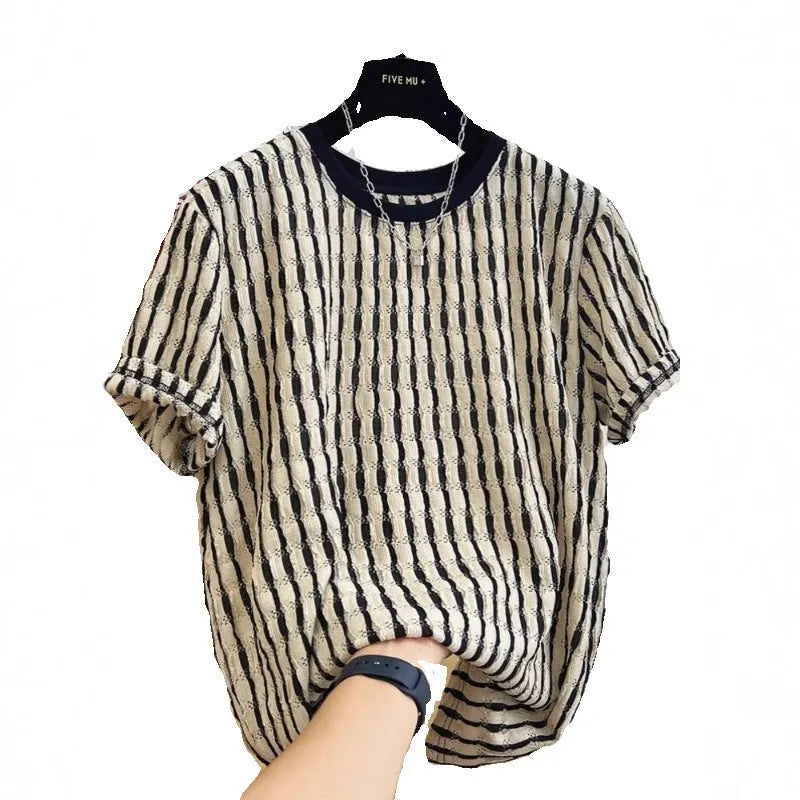 Men's black striped casual shirt with loose fit design and short sleeves in silk-linen blend fabric