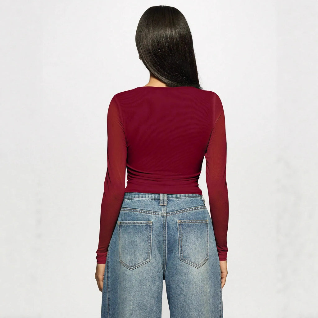 Women's wine red double-layer mesh rhinestone long sleeve pullover top side view