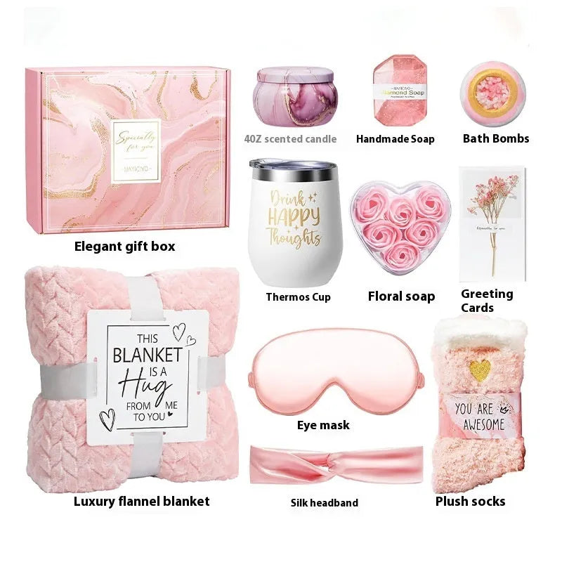 Modern simplicity style aromatherapy candle soap bath gift set in plastic packaging.