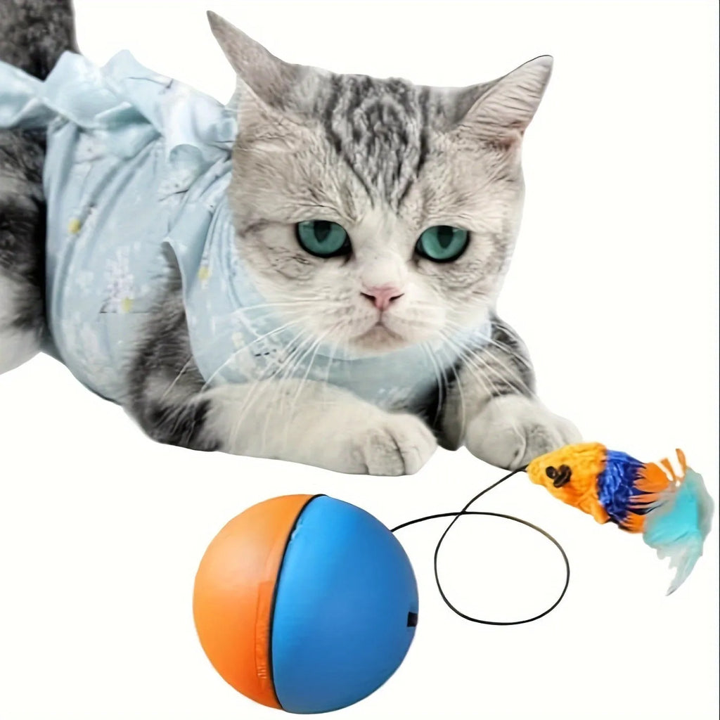 Blue and orange plush cat toy ball with grey mouse attachment measuring 8.5cm