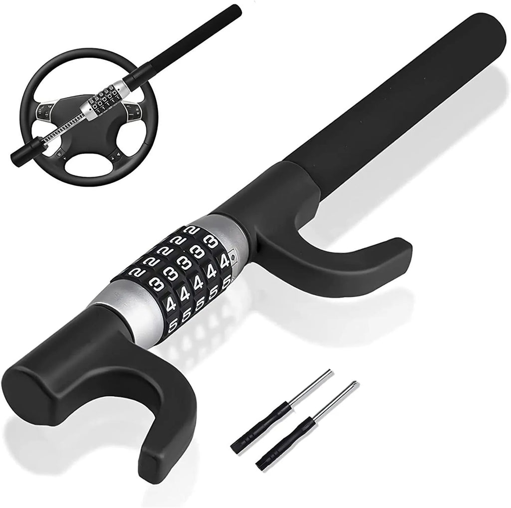 Car anti-theft password steering wheel U-lock in alloy steel, black colour, shown on a car steering wheel