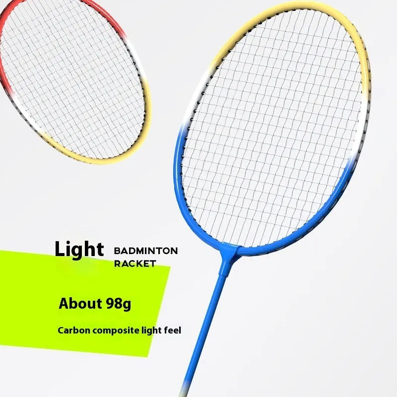 A pair of blue and red alloy badminton rackets with a split design for portability.