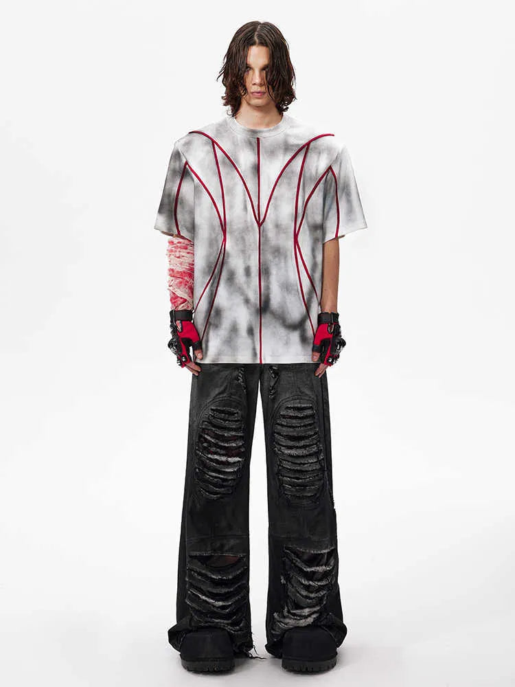 Women's padded shoulder t-shirt with three-dimensional patchwork design on short sleeve round neck top