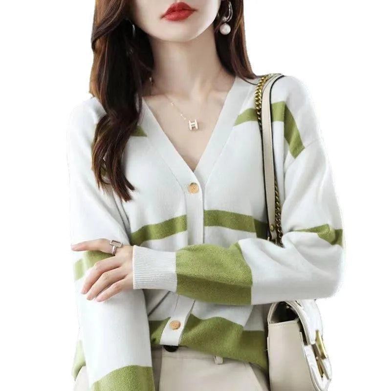 Women's slim fit striped knitted cardigan with V-neck and 3D pattern, shown in multiple colours.