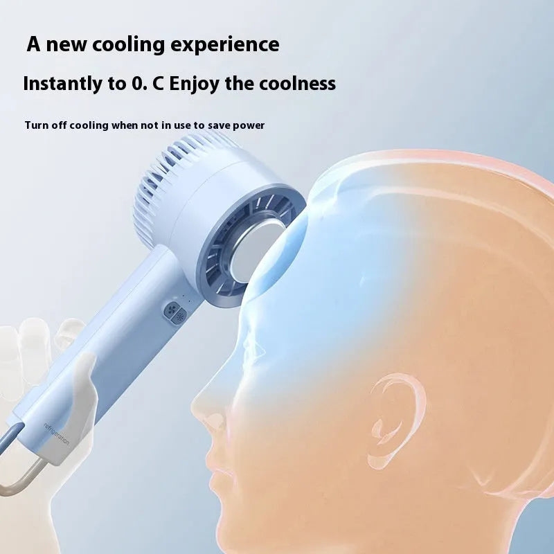 White handheld turbo jet fan with ice cooling function, 3600mAh battery, and brushless motor on a white background
