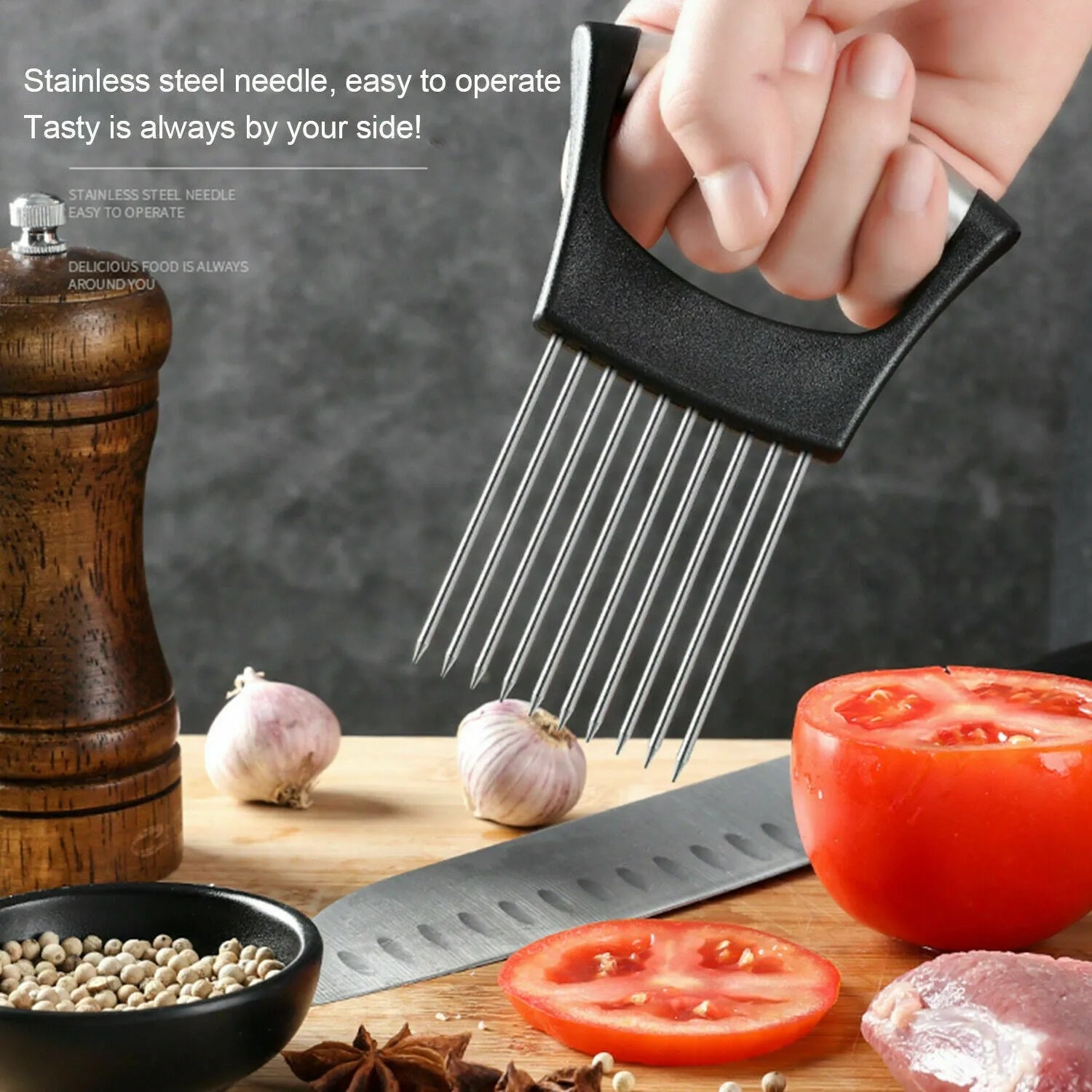 Stainless Steel Food Slice Assistant Onion Holder Slicer Tomato Cutter with NonSlip Handle 14cm x 9.5mm Kitchen Tool for Fixing and Dividing Food Materials