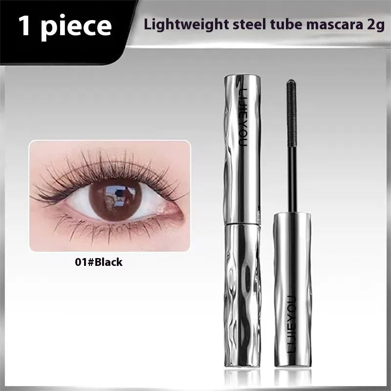 Waterproof steel tube mascara in black and brown shades with optional eyelash curler