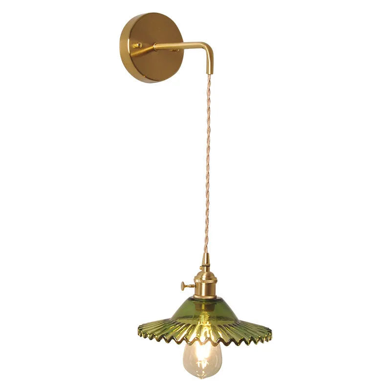Retro brass lotus wall lamp with copper body and glass shade in choice of six colours