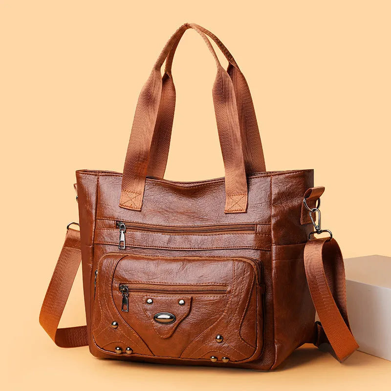 Large capacity soft leather washed shoulder bag in brown, black, red - PU material horizontal square shape for commute and leisure