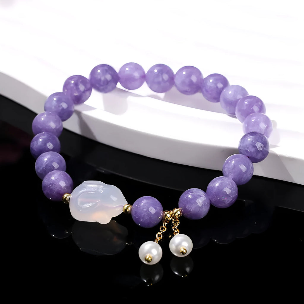 Purple aquamarine chalcedony lychee jelly agate rabbit bracelet, handmade, geometric round beads, women's jewellery