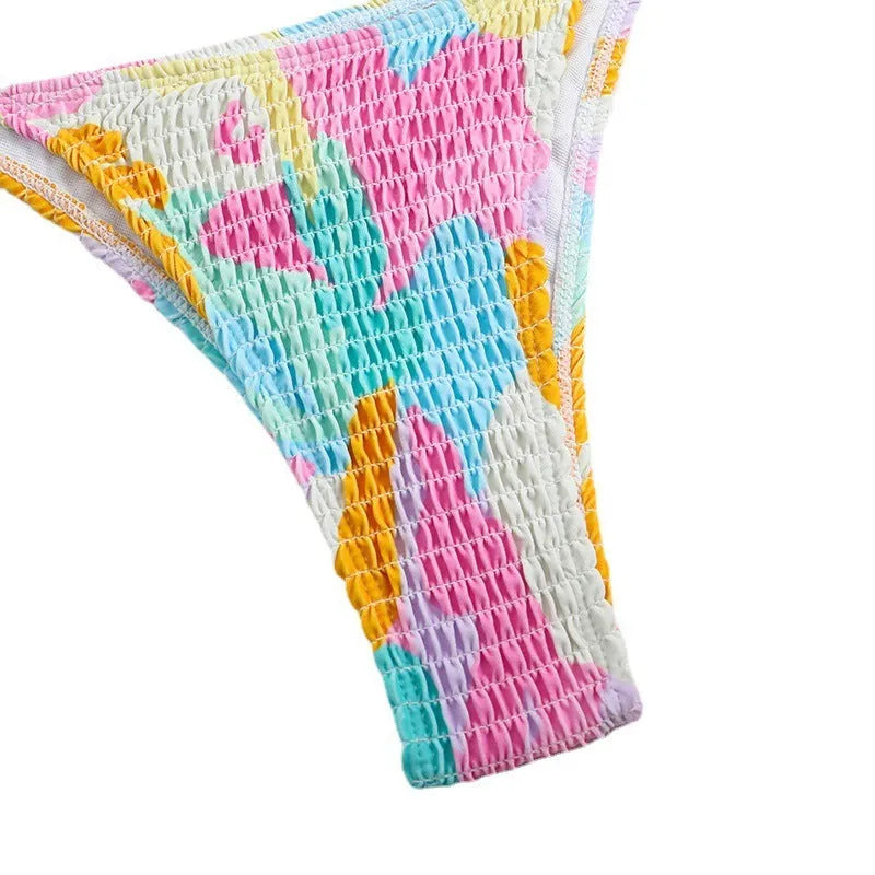 Women's multicolour triangle bag bikini set with split printed floral gradient pattern and smocking craft details
