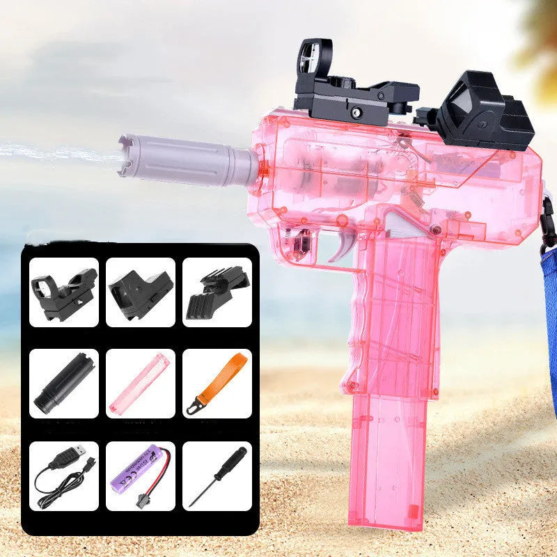 Uzi electric burst water gun in blue with transparent shell, 35ft range, rechargeable battery