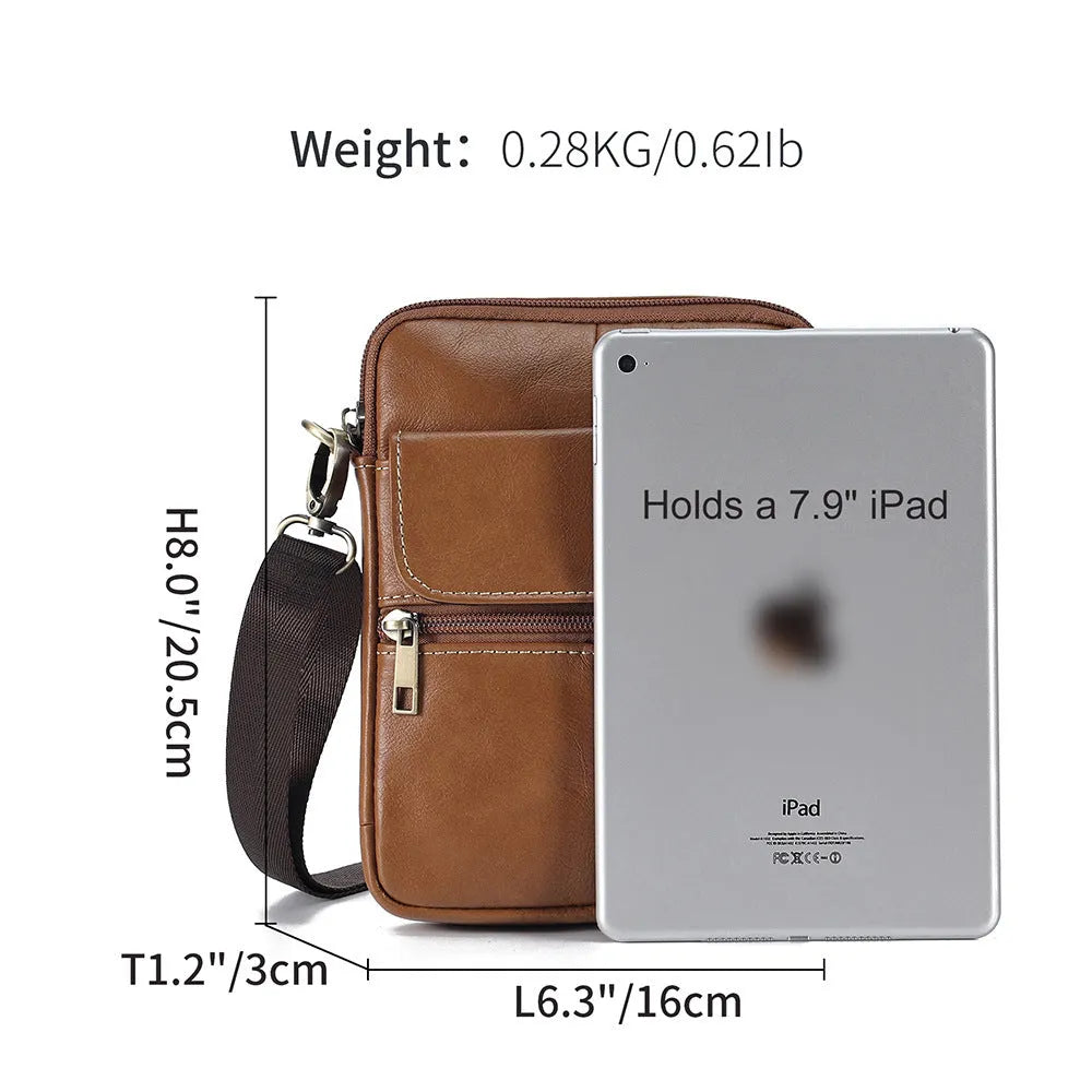Men's brown genuine leather crossbody shoulder bag with visible stitching.