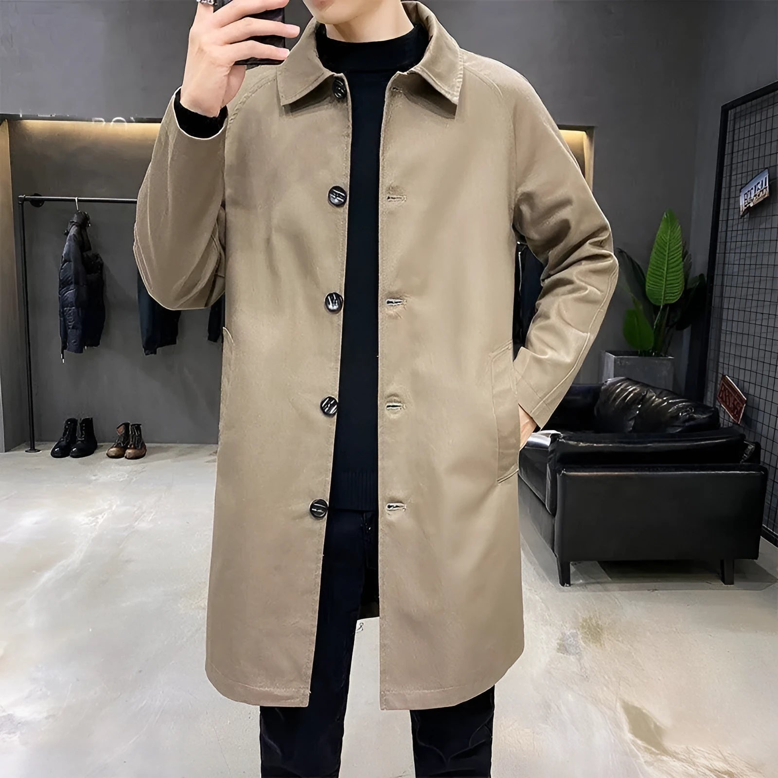 Men's mid-length loose rabbit fur trench coat in khaki, casual style