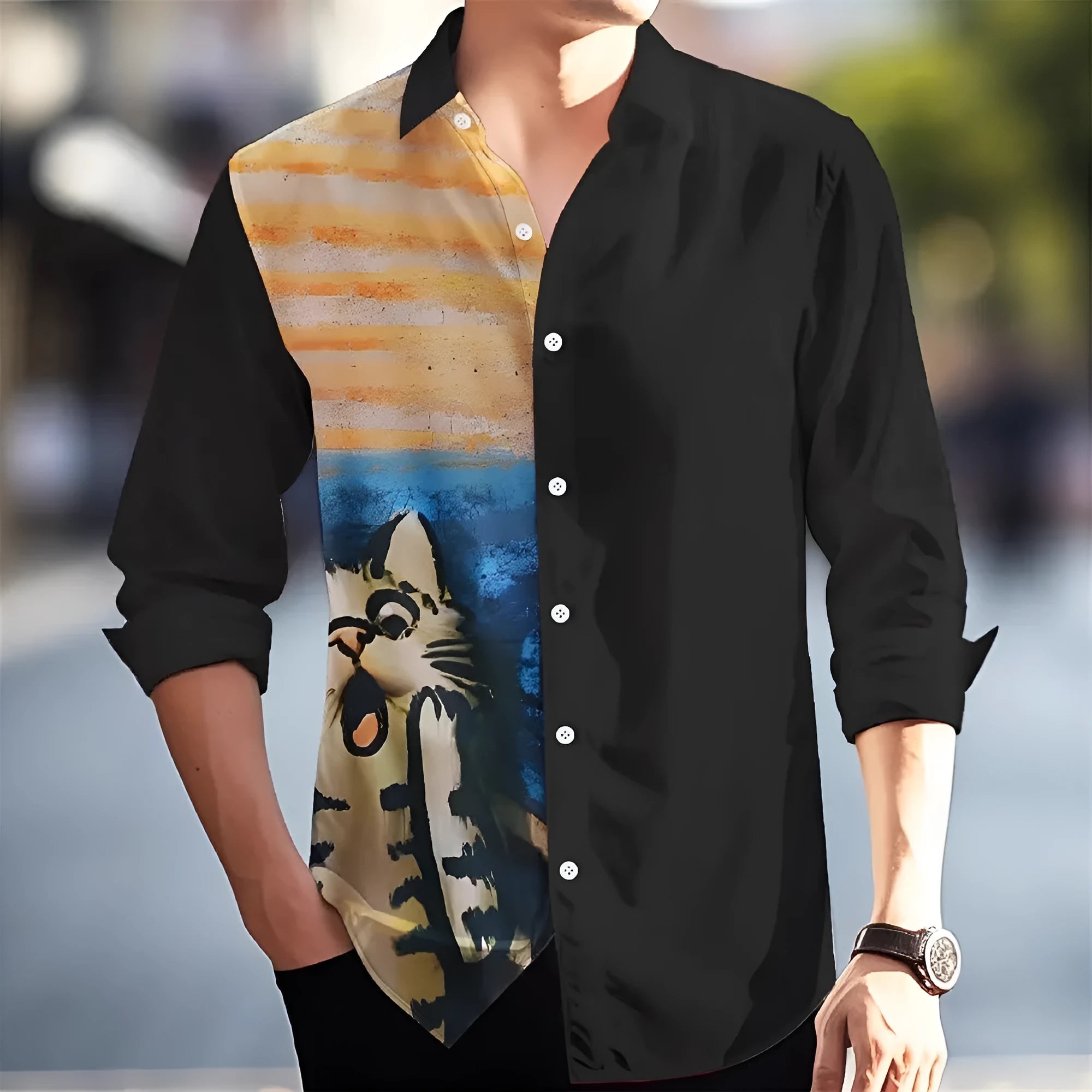 Hawaiian style men's long sleeve shirt with flower pattern, loose fit, polyester fabric