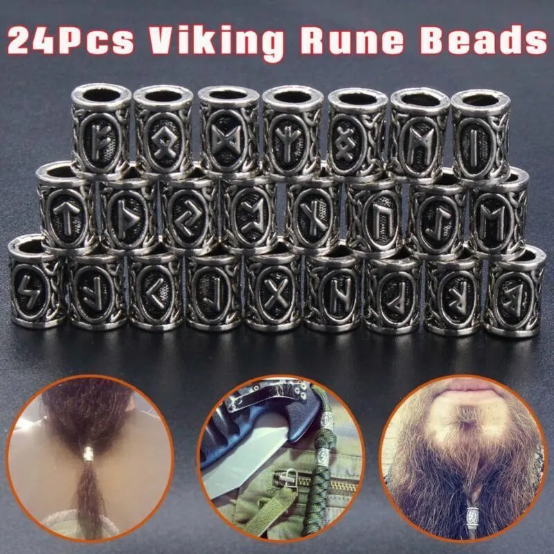 Set of 24 antique silver alloy Viking rune beard beads 13x10mm with 6mm inner diameter
