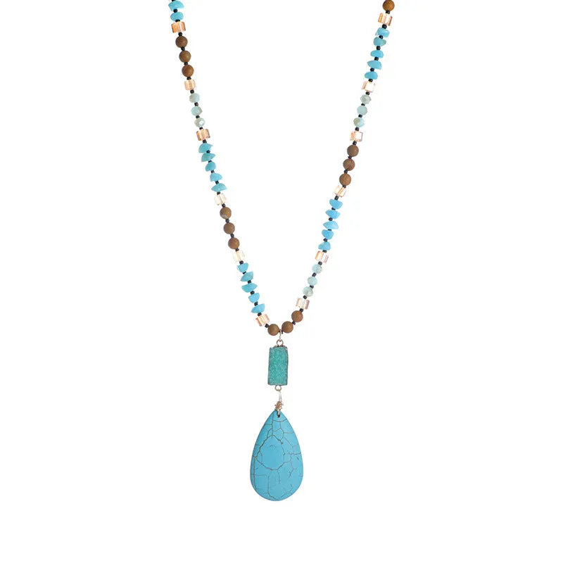Blue turquoise imitation mineral pendant necklace with water drop shape and ball bead chain