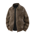 American retro brown lapel leather coat loose fit polyester long sleeve women's outerwear
