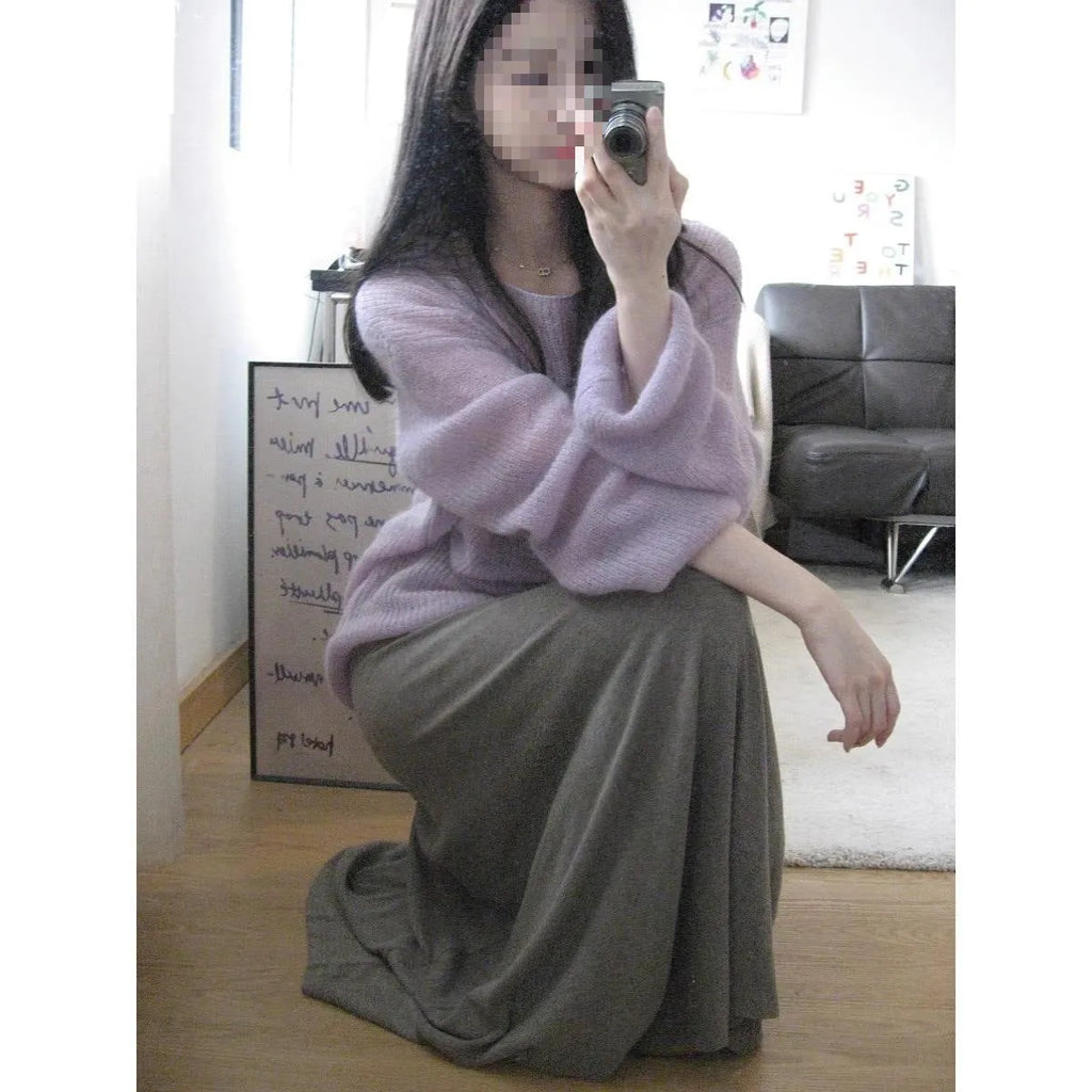 Purple women's ice silk blouse with hollow out pattern and princess sleeves