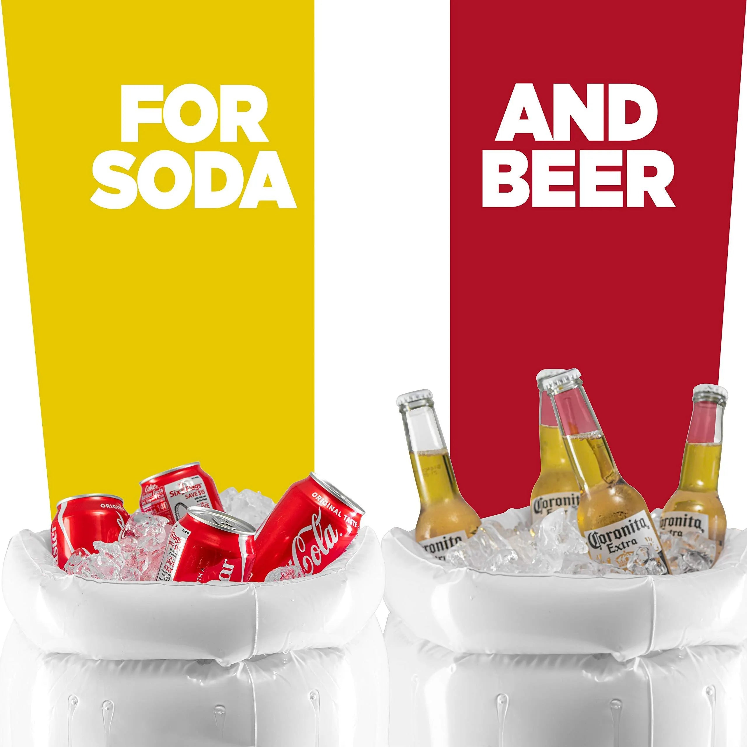 Yellow inflatable beer mug shaped cooler float with drink holders in a swimming pool