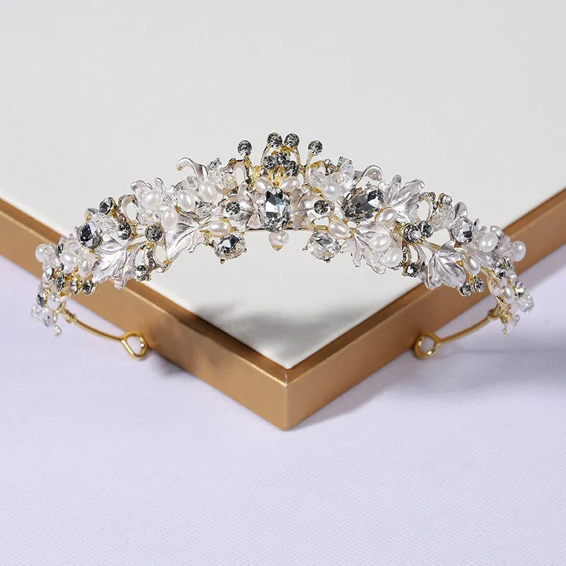 Gold and silver alloy pearl crown headdress for women's wedding and birthday hair accessories