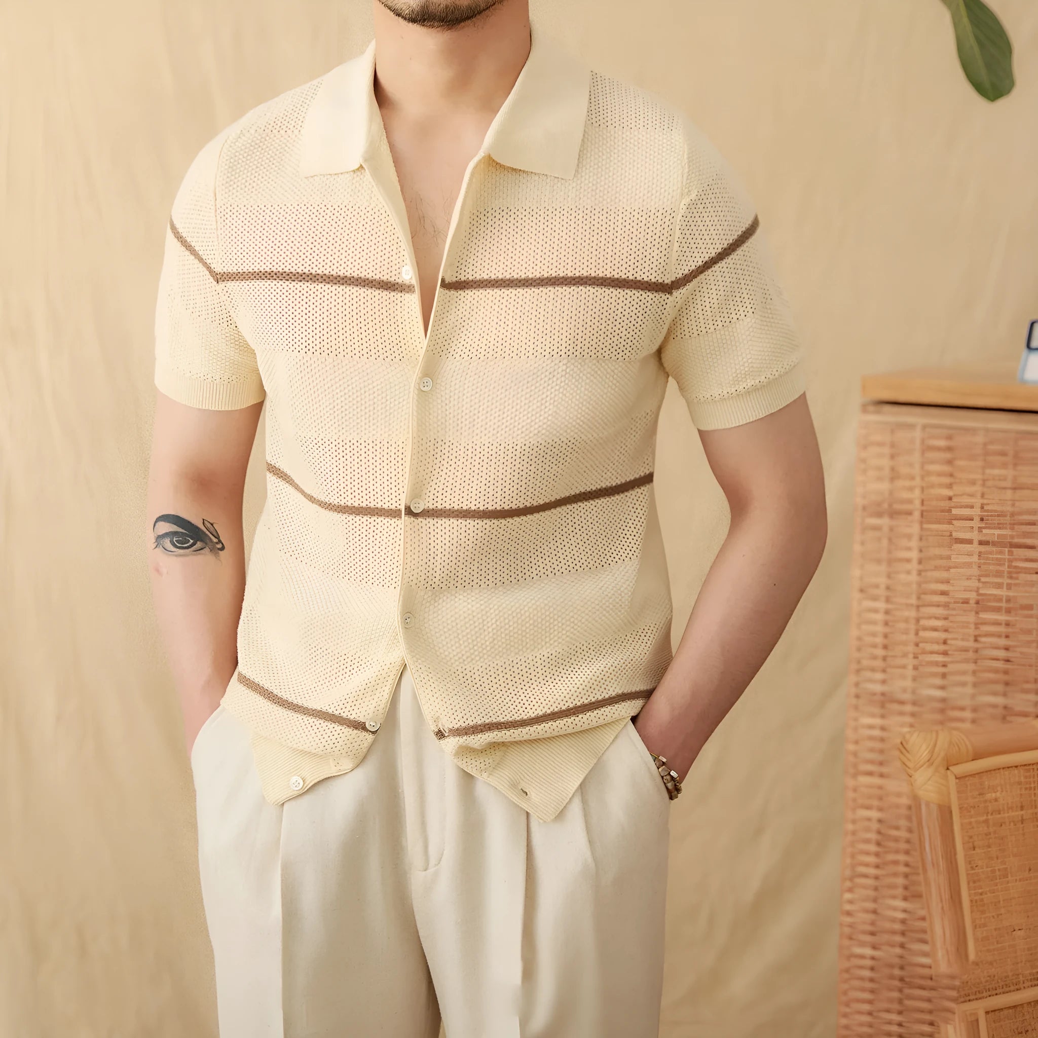 Lapel casual fashion cotton linen short sleeve knitted cardigan in camel and gray sizes M to 3XL