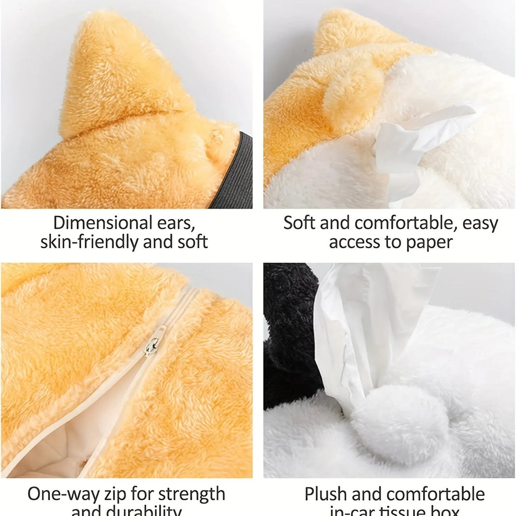 Yellow corgi butt-shaped soft tissue box cover with elastic strap for car sun visor.