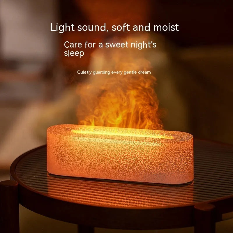 Creative square lava flame aroma diffuser and humidifier on a desktop with colourful LED light effect.