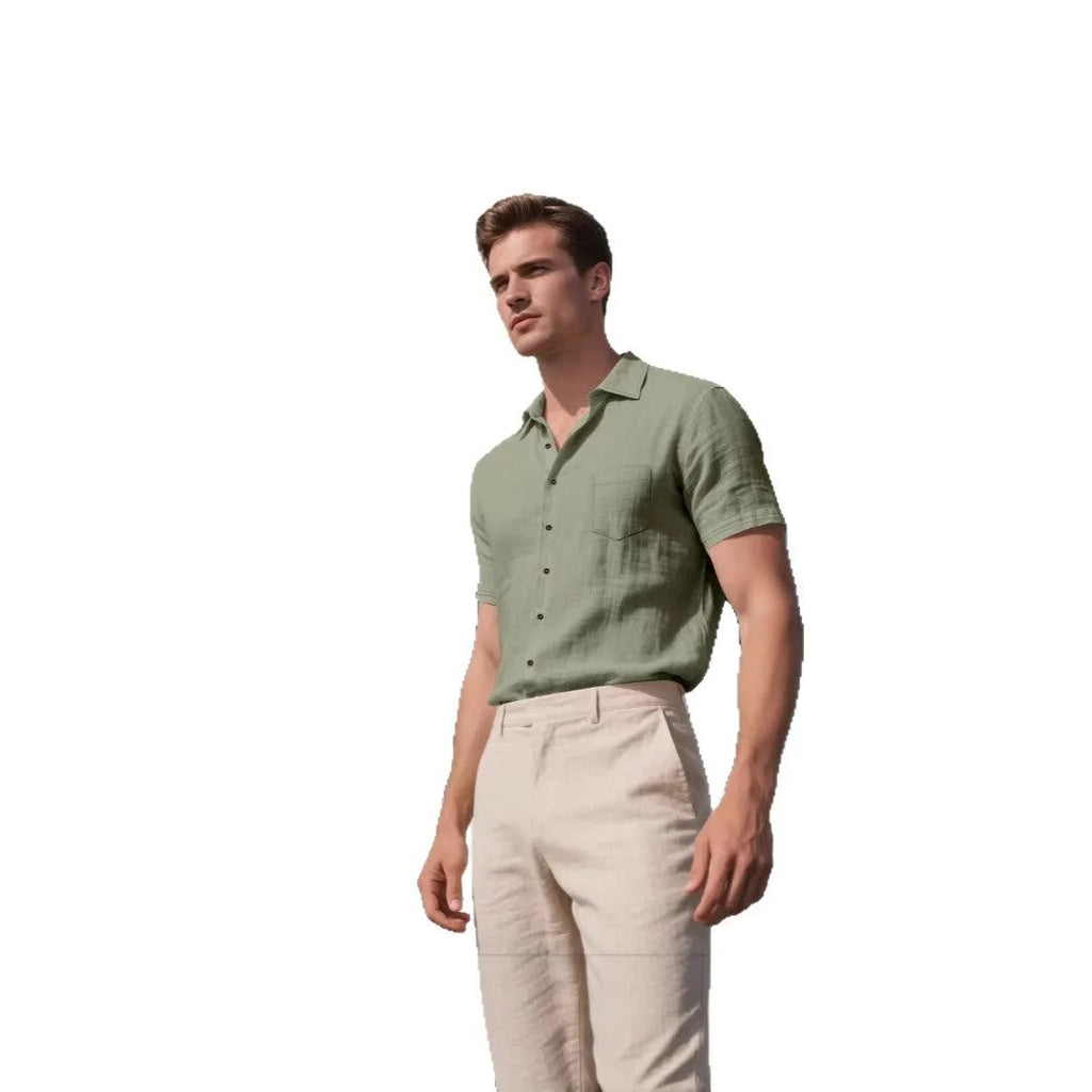 Men's loose-fit cotton-blend short-sleeved shirt cardigan in solid colour casual style