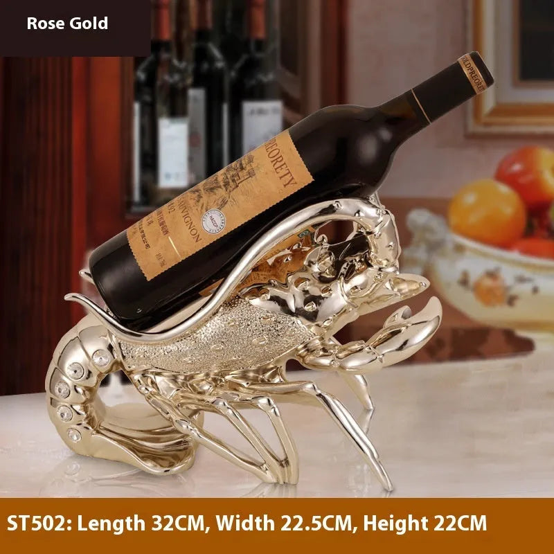 Lobster-shaped wine rack ornament in rose gold metallic finish displaying wine bottle