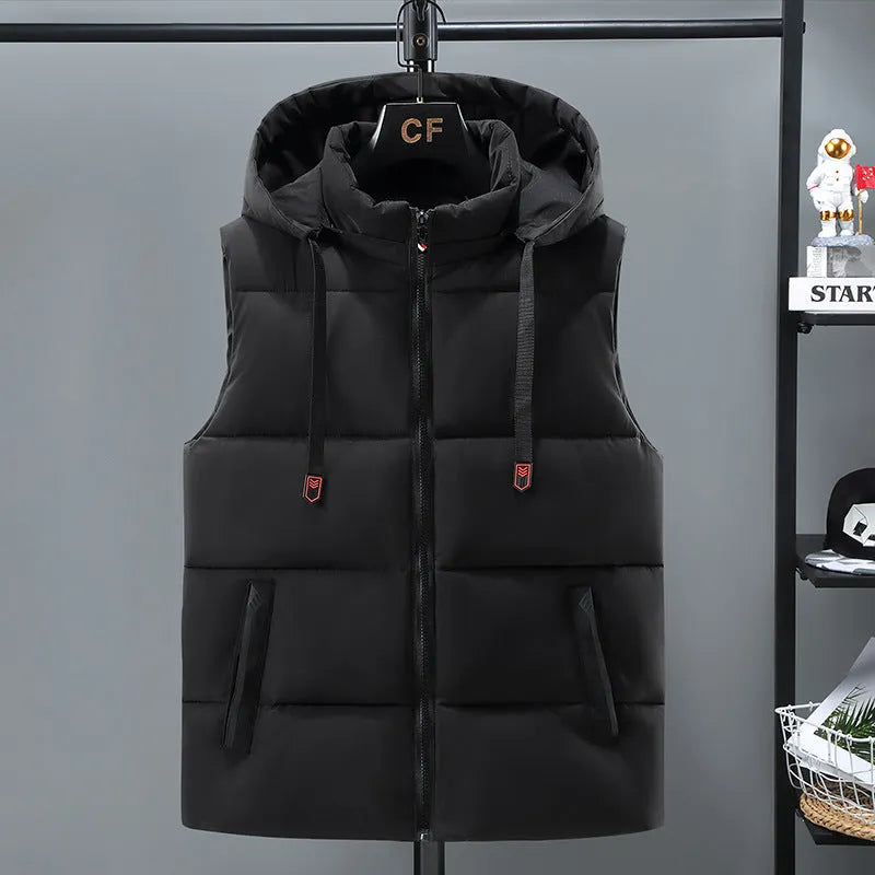 Men's warm thickened solid colour vest with removable hood, polyester fibre, black colour, zipper bag pocket, straight hem
