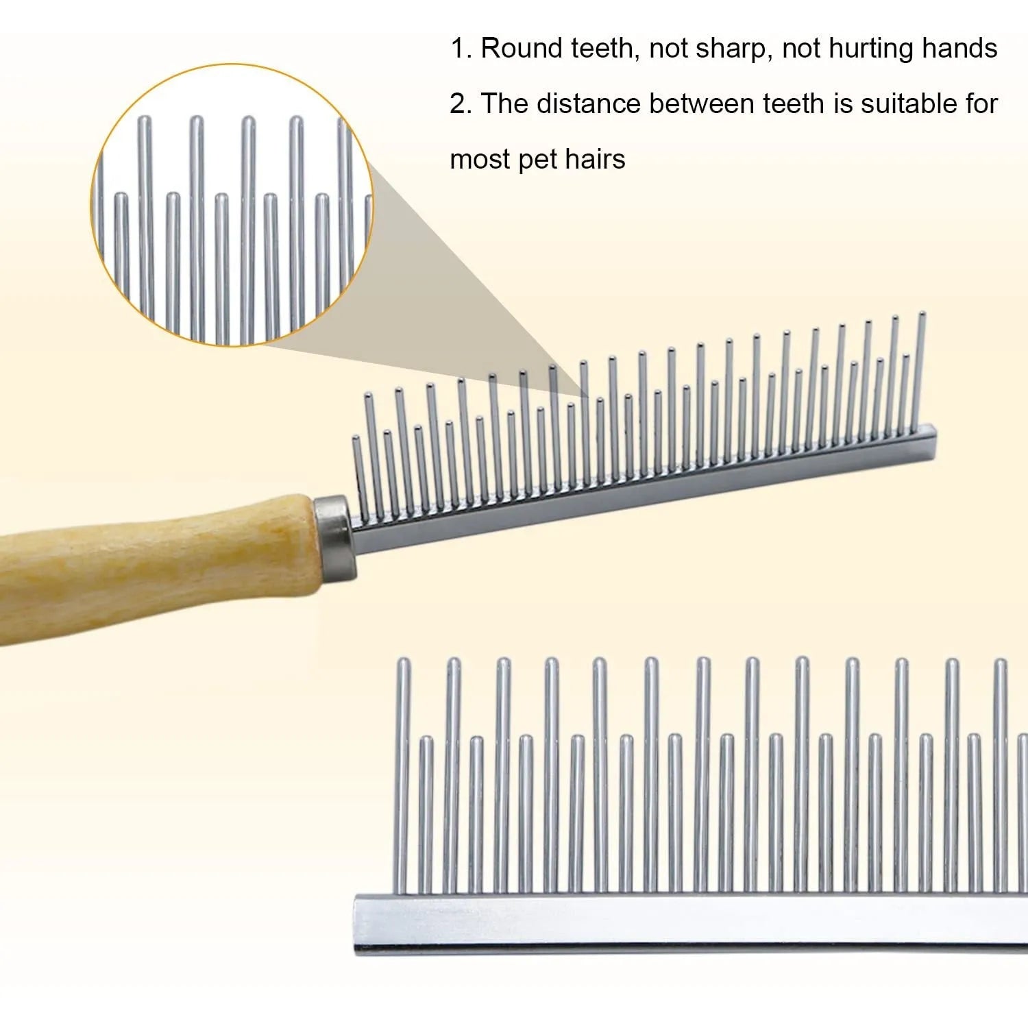 Wooden handle pet grooming comb for dogs and cats, showing rounded teeth.