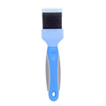 Blue double-sided pet brush with stainless steel pins and soft pins on a non-slip ergonomic handle.