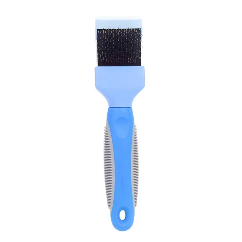 Blue double-sided pet brush with stainless steel pins and soft pins on a non-slip ergonomic handle.