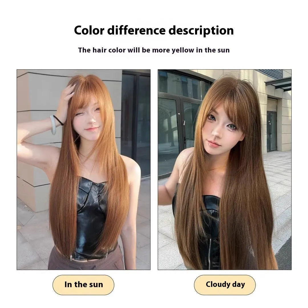 Warm brown long straight synthetic wig with fringe, made from high temperature fibre.