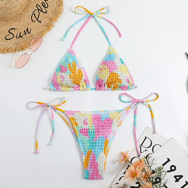 Women's multicolour triangle bag bikini set with split printed floral gradient pattern and smocking craft details