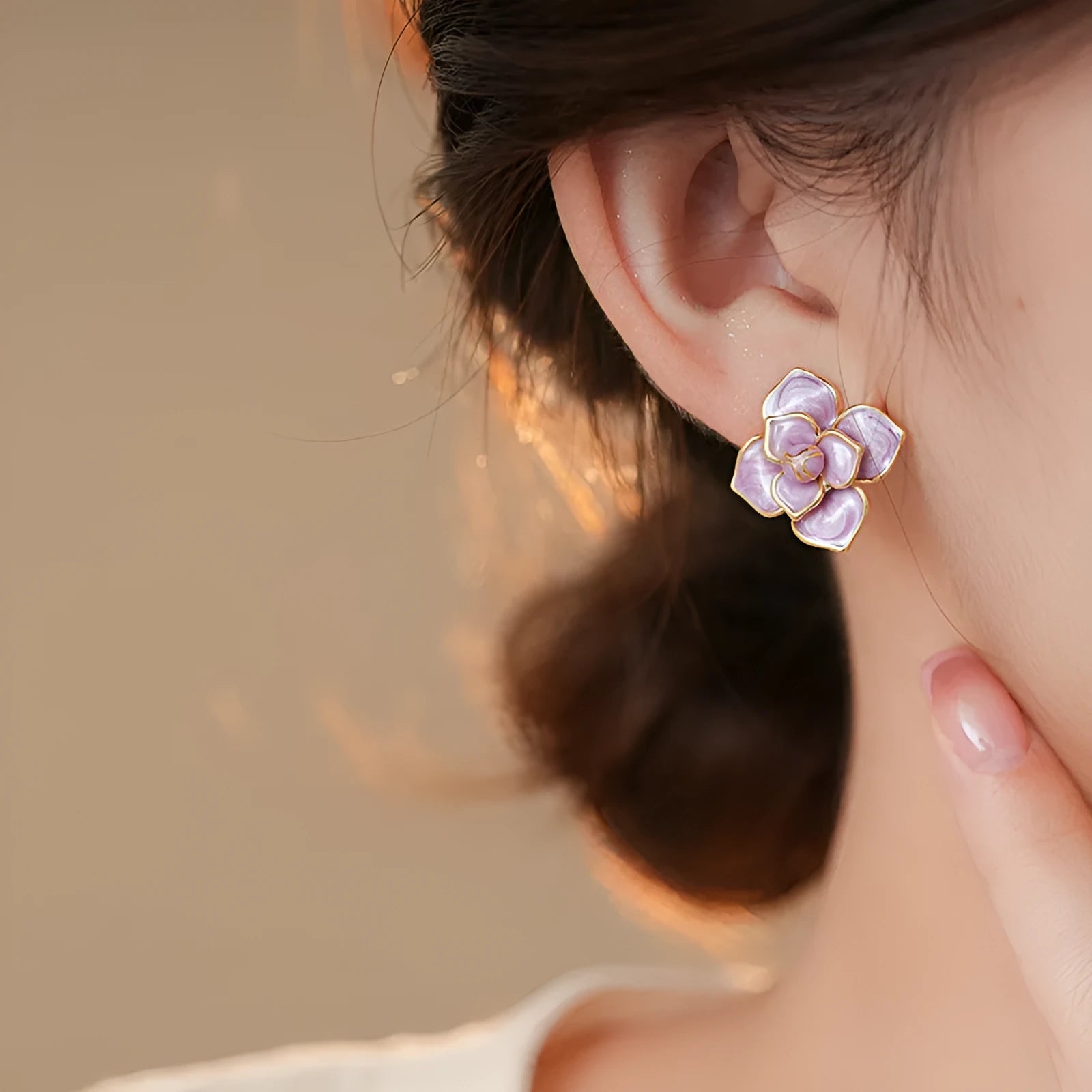 Purple oil-spot glaze flower stud earrings with gold plating on copper
