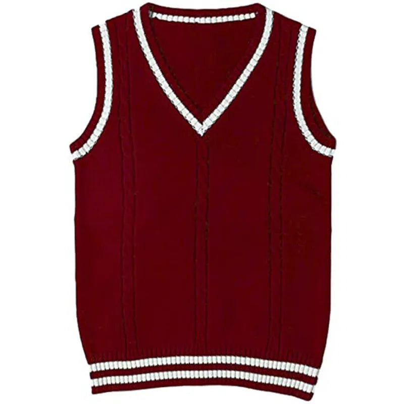 Women's slim fit V-neck knitted waistcoat sweater in acrylic fibre fabric, shown in wine red colour