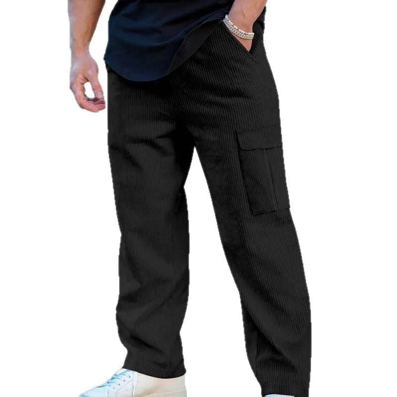 Men's straight-leg corduroy cargo trousers with wide-leg design and drawstring waist