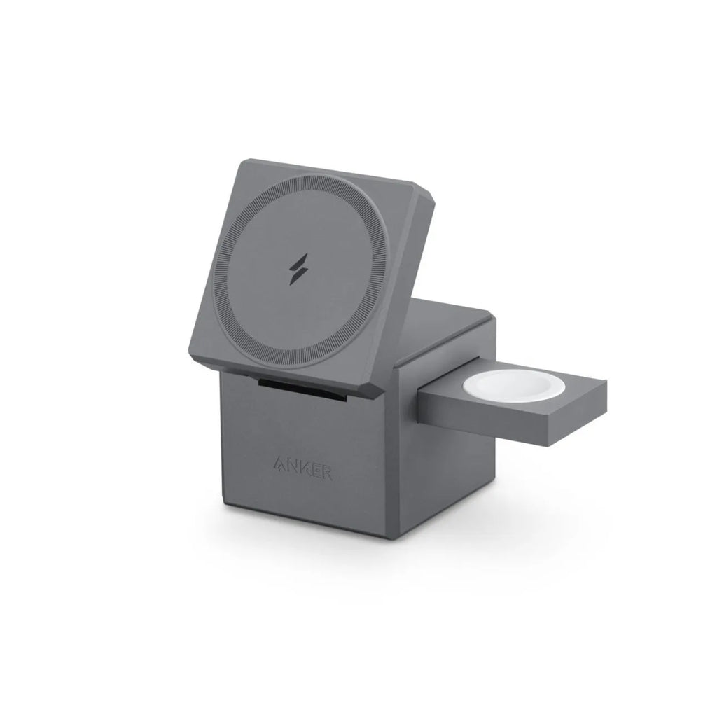 Foldable magnetic suction wireless charger charging iPhone AirPods and Apple Watch 3 on a desk with LED indicator
