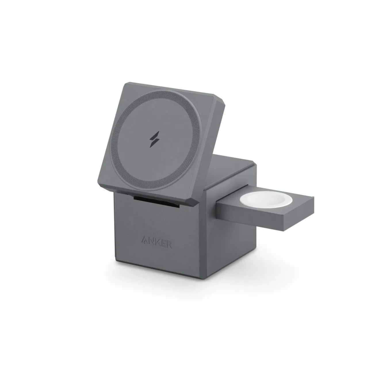Foldable magnetic suction wireless charger charging iPhone AirPods and Apple Watch 3 on a desk with LED indicator