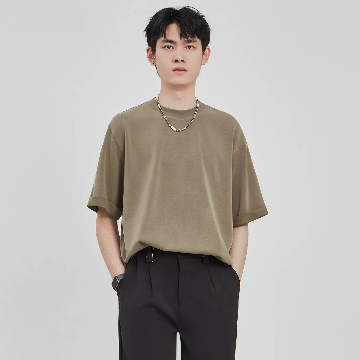 Men's loose drape knit T-shirt in solid colour with short sleeves and collage stitching, black brown white, S to 2XL