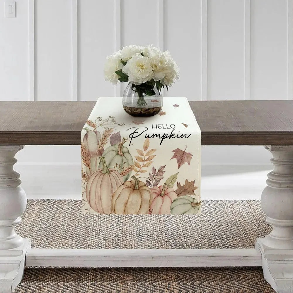 Beige polyester fibre table runner 33x183cm with flower grass leaf pattern for Thanksgiving holiday decoration