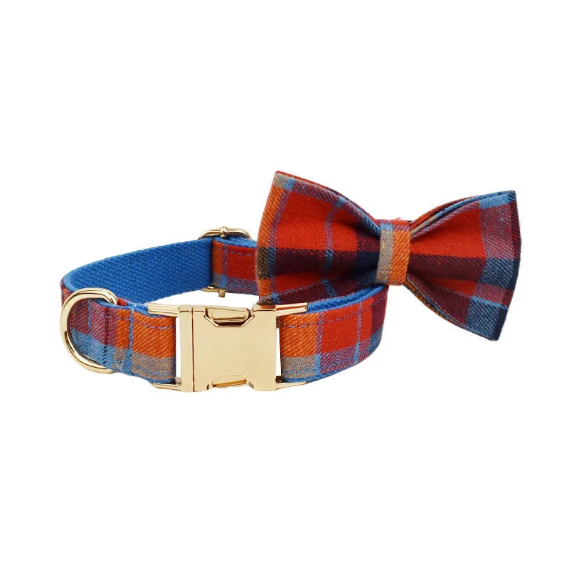 Blue velvet plaid dog collar and hand-holding rope set with bow on a blue background showing sizes XS to XL