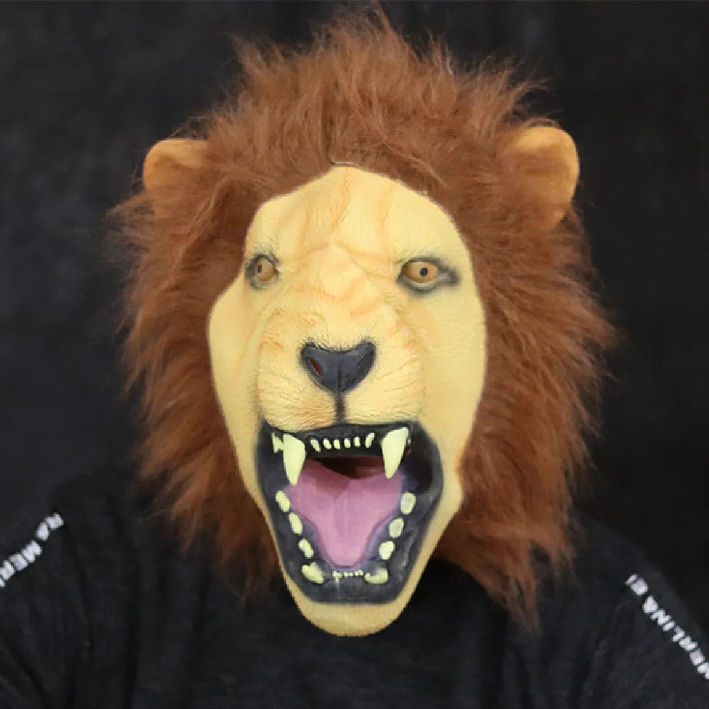 Hand-painted Halloween horror party latex lion mask with open mouth design on white background