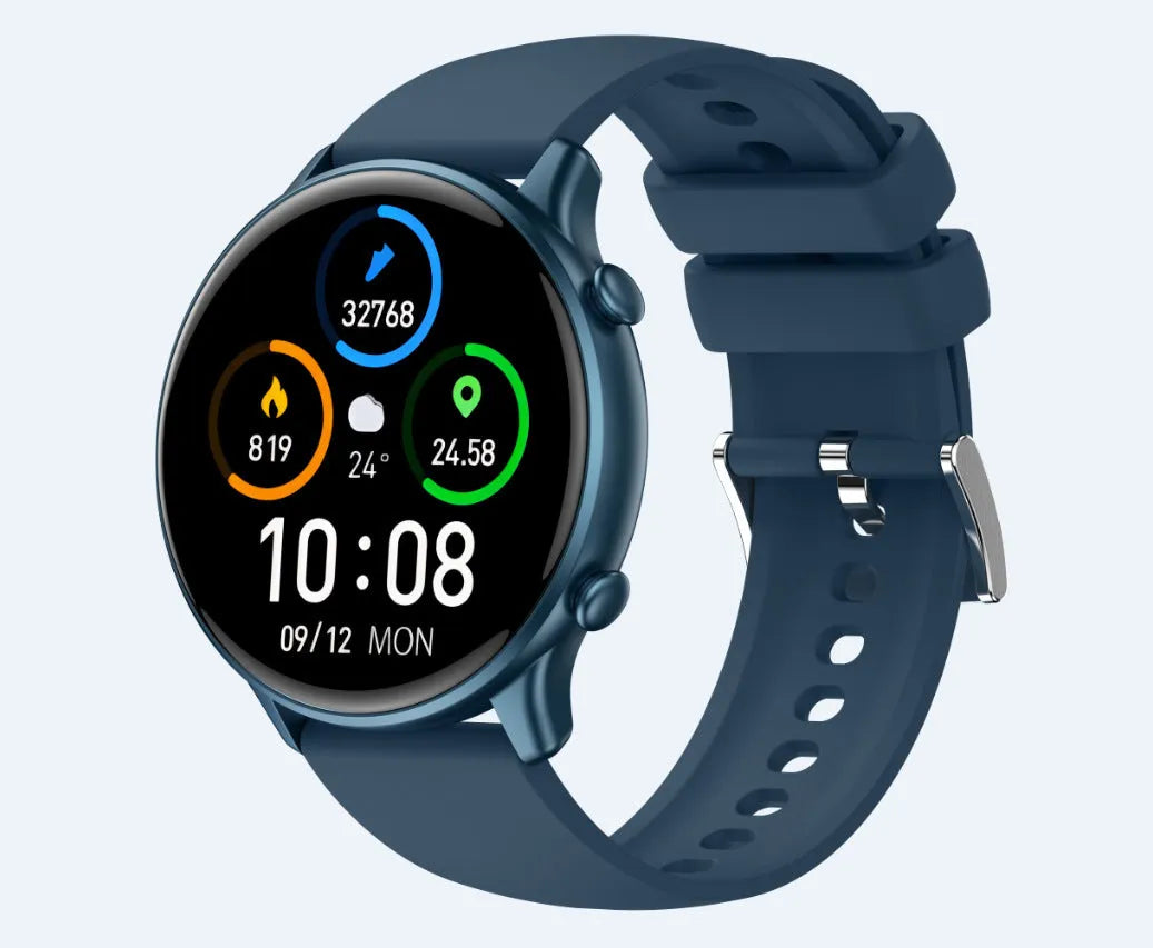 Smart sports watch with round full touch screen, silicone strap, heart rate and sleep monitoring, IP68 waterproof, in Black